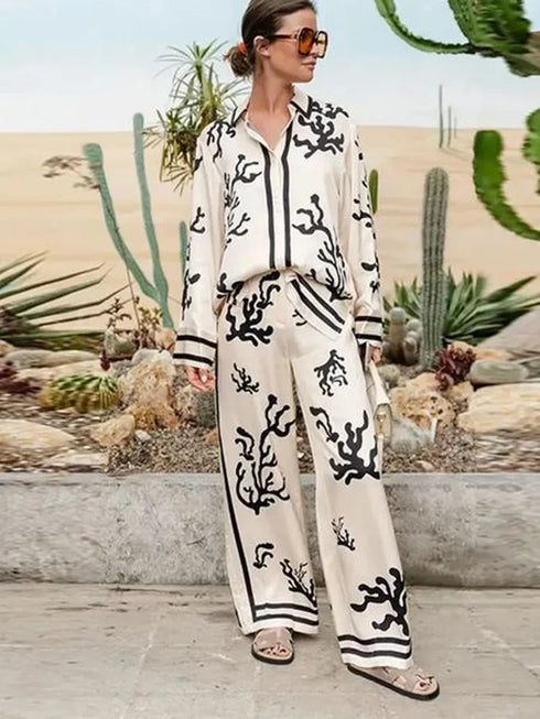 Chic Women's Summer Streetwear Set: Stylish Lapel Long Sleeve Shirt with Wide Leg Trousers for Effortless Fashion Inspo